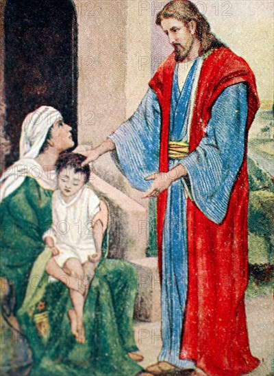 Jesus healing a sick child antique bible lesson card for Sunday school students