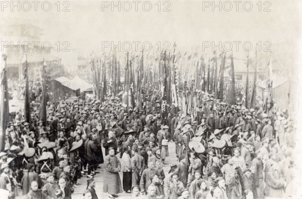 China, Chinese soldiers parading with their black banners