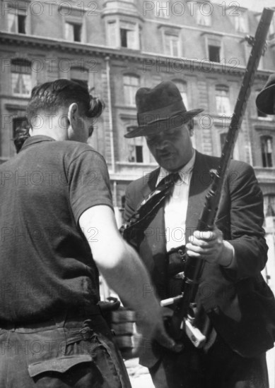 Fighters of the F.F.I. during the Resistance uprising in Paris (August 1944)