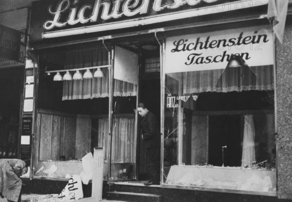 Wrecked Jewish shop in Berlin, after anti-Semitic demonstrations (1938)