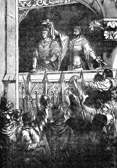 Charles V recevant le chaperon rouge et bleu des mains d'Etienne Marcel, 1358