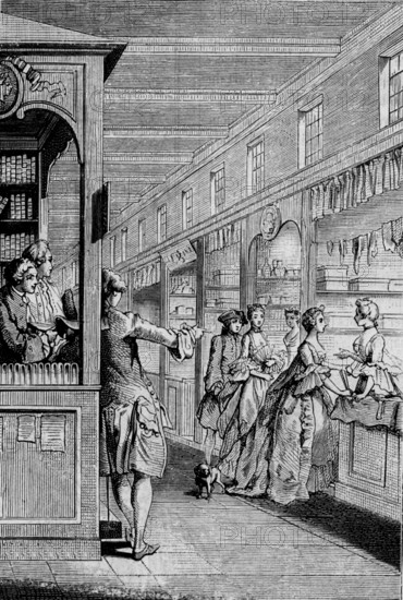Bookseller in his shop in France, 18th century
