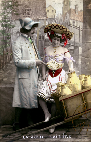 Vintage postcard, the pretty dairy girl and the lover