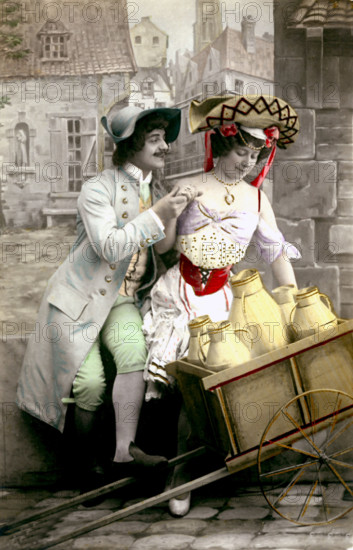 The pretty dairy girl and the lover. Vintage postcard