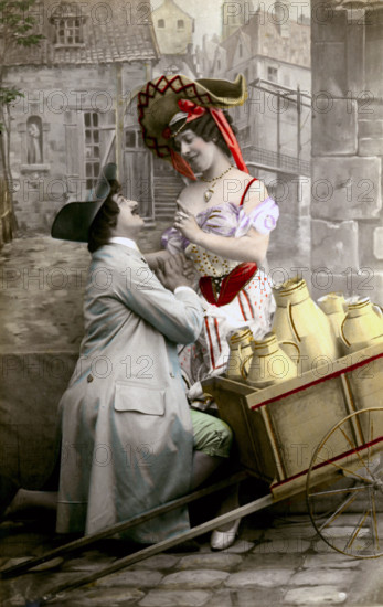 Vintage postcard, the pretty dairy girl and the lover