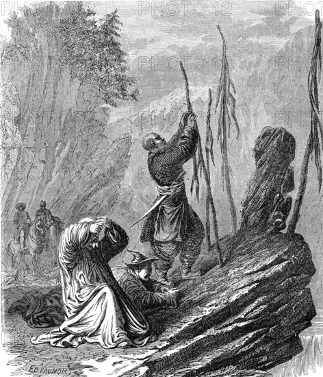 Mongols en dévotion devant un obo