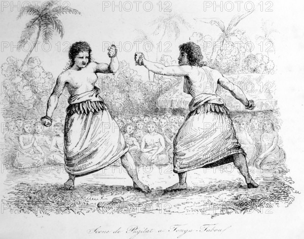 Scène de lutte, Ïles TONGA (Océanie)
