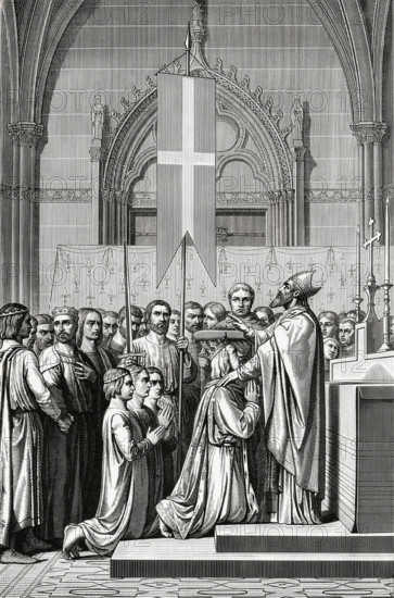 The bishop of Paris blesses Saint Louis before his departure for the seventh crusade.