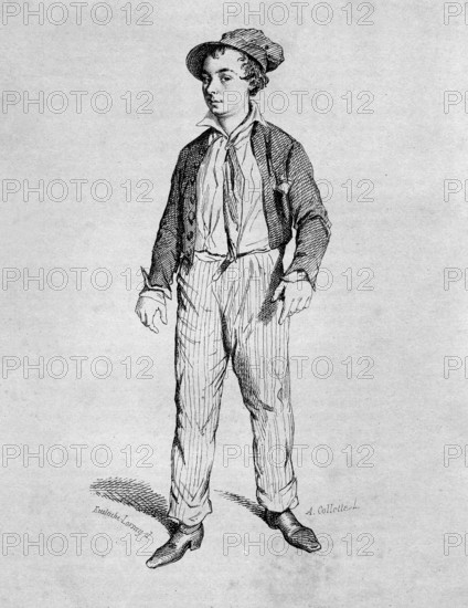 1820-1896, the french actor Charles Perey,in the play " The 3 kids " Design
by Eustache Lorsay. 1853