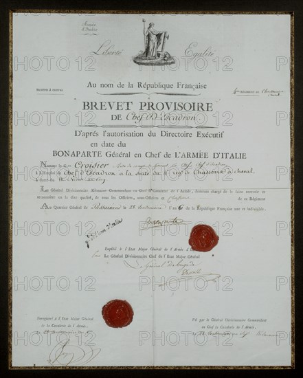 Brevet provisoire de chef d'escadron du citoyen Croisier, aide de camp de Bonaparte, aux Chasseurs à cheval