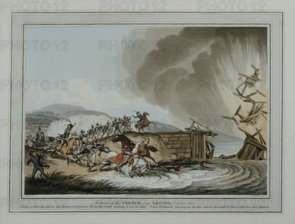Engraving, Retreat of the French from Leipzig and death of Poniatowski