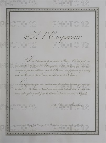 Relation de la bataille de Marengo, Frontispice dédicacé à l'Empereur par le maréchal Berthier (1804)