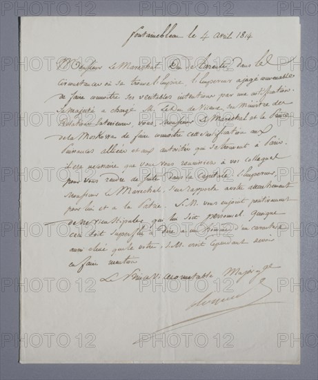 Lettre du maréchal Berthier au maréchal duc de Tarente concernant l'abdication de Napoléon