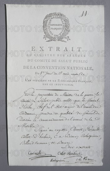 Nomination de général Hoche au titre de général de division à l'armée de la Moselle (An II)