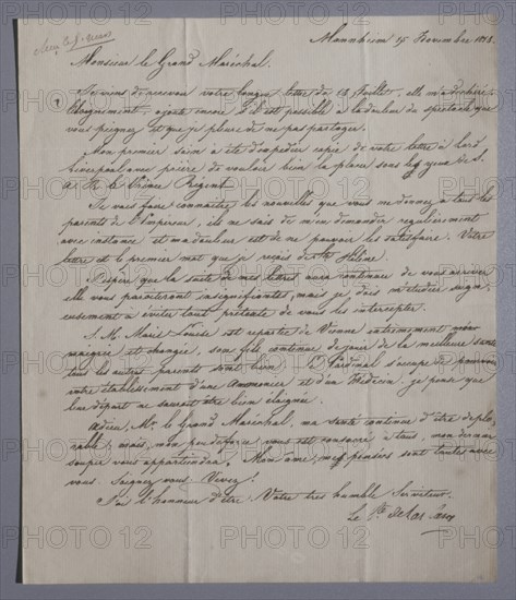 Autograph letter written by Las Cases to Grand Marshal Bertrand (1818)