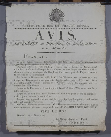Annonce par le préfet de Marseille, du débarquement de Napoléon à Golfe Juan (1815)