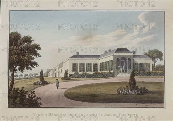 Gravure, "Vue de la maison de Longwood près du jardin fleuriste" (1819)
