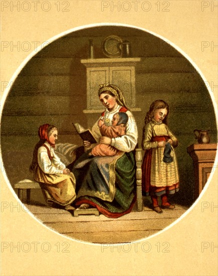 Lithographie de G. Knusli, Zurich, Femme et enfants