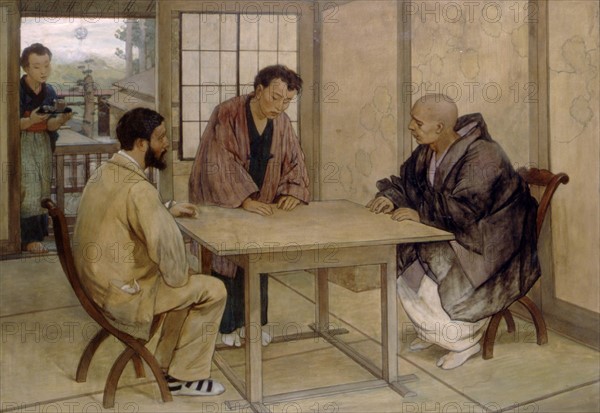 Emile Guimet avec un moine et l'interprête Kondo à Nikko   Huile Toile