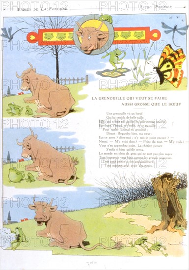 Benjamin Rabier, Illustration des Fables de Jean de la Fontaine : la grenouille voulant se faire aussi grosse que le boeuf (1906)
