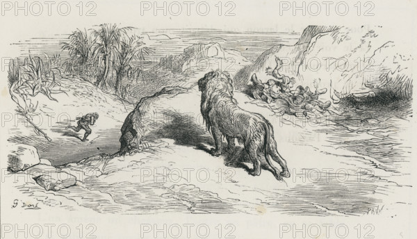 Fable of La Fontaine 'The Shepherd and the Lion'