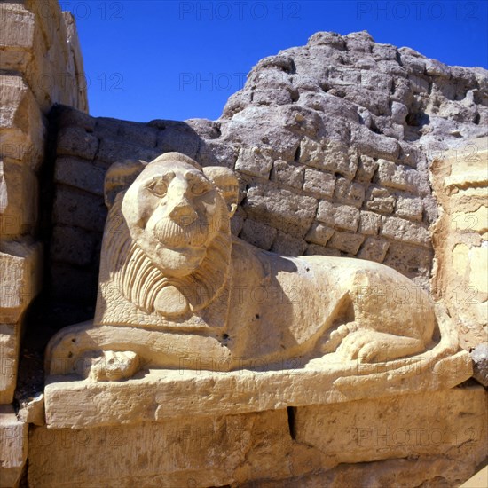Le site de Medinet Madi enfoui sous les sables : un lion de l'allée processionnelle