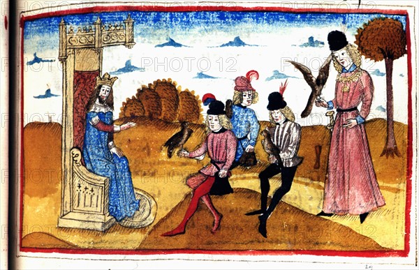 Manuscript. Henry de Ferrières, "Le livre du Roy Modus et de la Royne Ratio", falconry scene