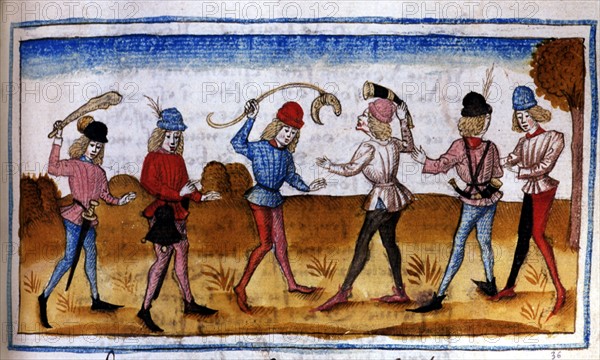 Manuscript. Henry de Ferrières, "Le livre du Roy Modus et de la Royne Ratio": Youths with hunting horn