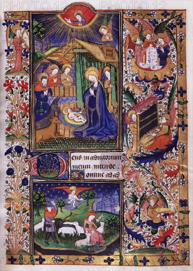 Manuscript of the Hours of Rohan-Montauban : The Nativity and the Annunciation to the Shepherds