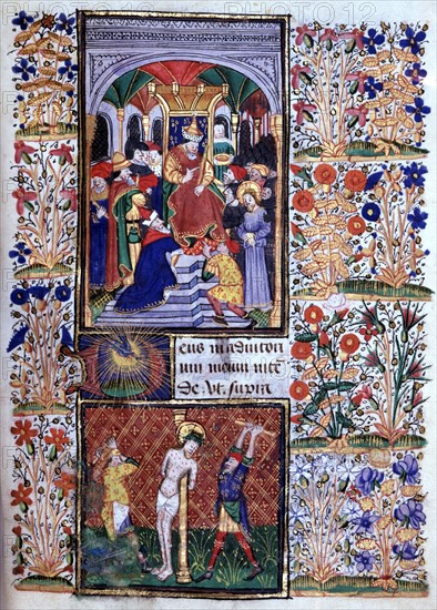 Manuscrit des Heures de Rohan-Montauban : le christ devant Ponce-Pilate et la Flagellation