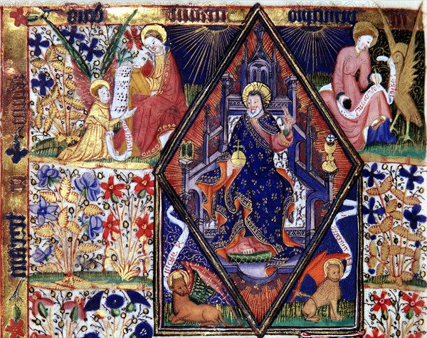 Manuscrit des Heures de Rohan-Montauban : Le Christ en majesté cantonné des quatre évangélistes et de leur symbole