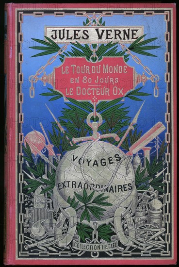 Jules Verne, cover of 'Around the World in 80 Days' and 'Doctor Ox'