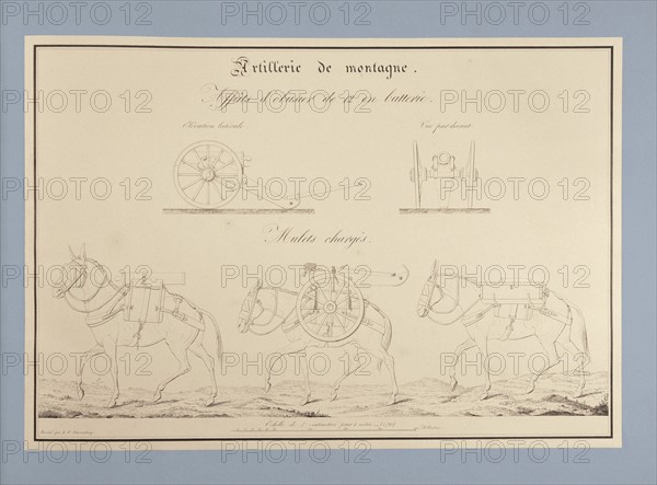 Traité d'artillerie : Affûts d'obusier de 12 en batterie, et mulets chargés