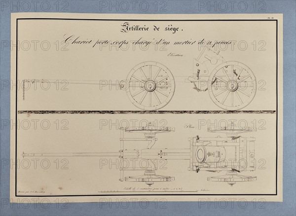 Traité d'artillerie : Chariot porte-corps chargé d'un mortier de 12 pouces