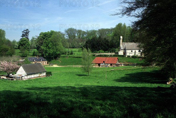 Sainte-Geneviève-en-Caux, overall view of the church and thatched houses