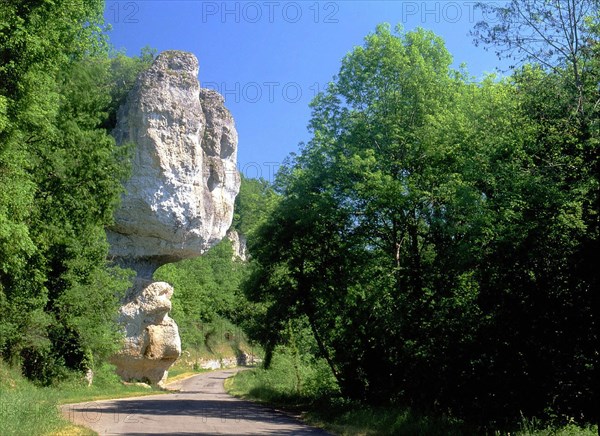 View from route D106E2 towards the Forge du Diable rock