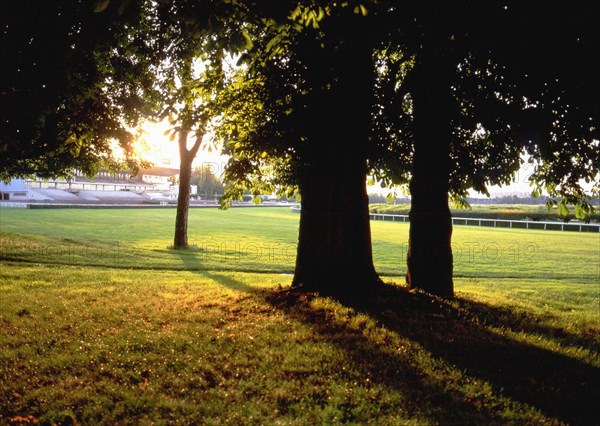 Vue de l'entrée de l'hippodrome de Saint-Cloud en direction de la tribune