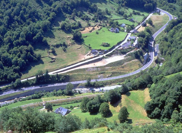 View from the Pausat crests down towards the hamlet of L'Estanguet and route RN134 towards the south of the defile