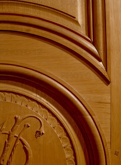 Siège de la Banque de France, rue de la Banque, Paris 1er / Détail de porte en bois sculptée / 75001 paris / Rég. Ile-de-France / France