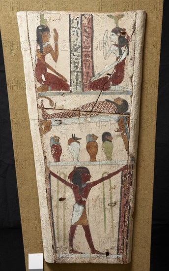 Egyptian painted wood and stucco sarcophagus panel