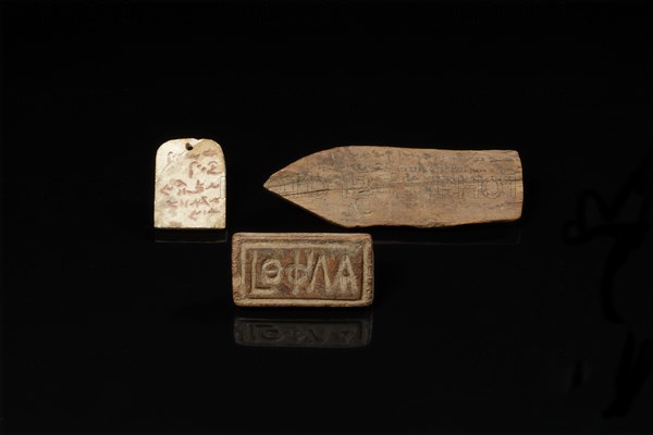 One egyptian mummy label, a demotic document and a greek engraved seal