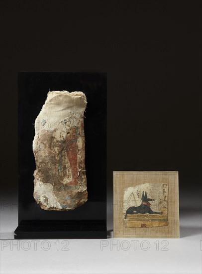 Deux toiles de momies peintes d'Anubis et du fils d'Horus Québésénouf