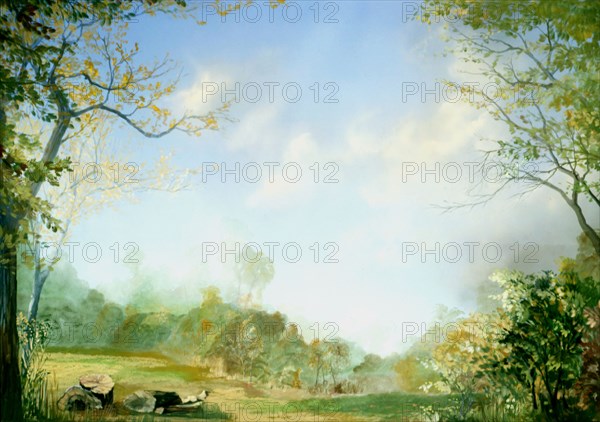 Painted canvas tarp. Rural landscape