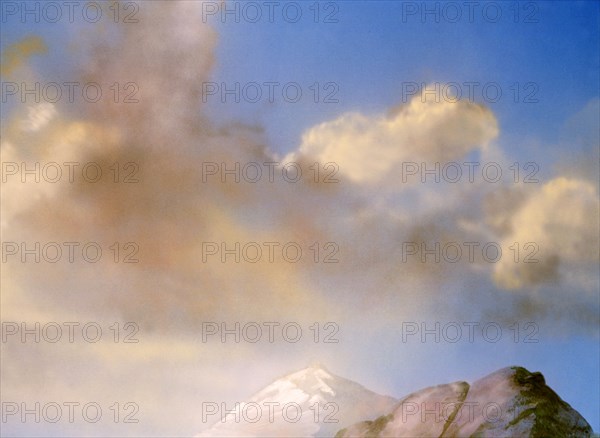 Painted canvas tarp. Mountainous landscape