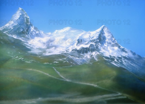 Painted canvas tarp. Mountainous landscape