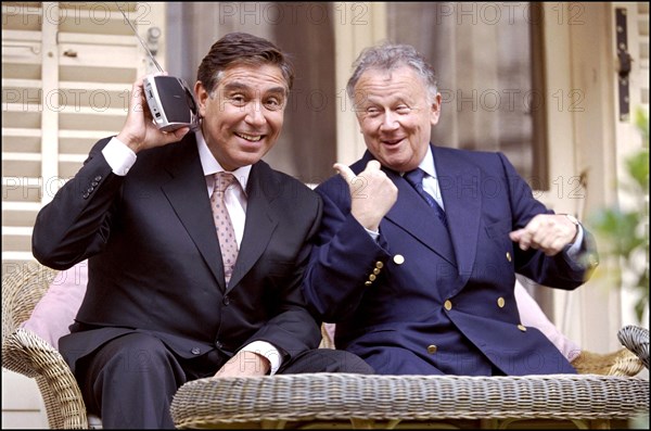 02/00/2001. EXCLUSIVE. French Radio hosts Philippe Bouvard and Jean-Pierre Foucault back on the air of RTL