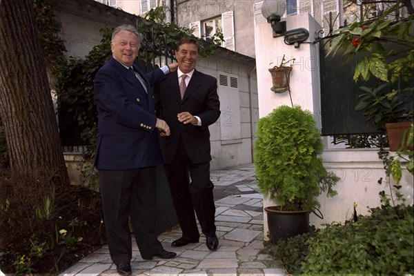 02/00/2001. EXCLUSIVE. French Radio hosts Philippe Bouvard and Jean-Pierre Foucault back on the air of RTL