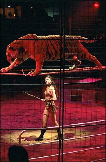 02/00/2001. Virginie Tessier the youngest wild beast tamer in the world.