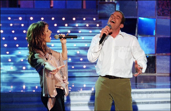 03/00/2002. EXCLUSIVE. Star singer Celine Dion on Michel Drucker TV program "Vivement Dimanche"