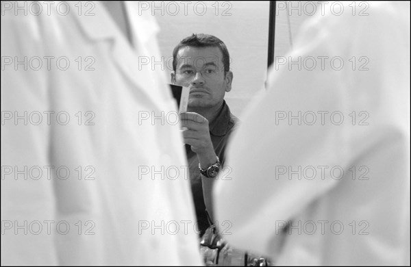 09/30/2002. EXCLUSIVE: Stephane Marais, make-up tests for the coming Issey Miyake spring-summer 2003 show.